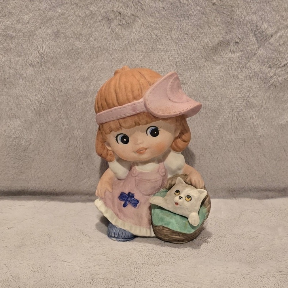 Vintage Homco 1439 Ceramic Girl Figurine with Kitten in Basket Pink Dress Visor